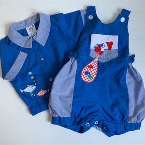 Vintage ICZ 2pc Set Romper & SS Button Shirt Bear & Fish Appliqué Sz 24 Months
